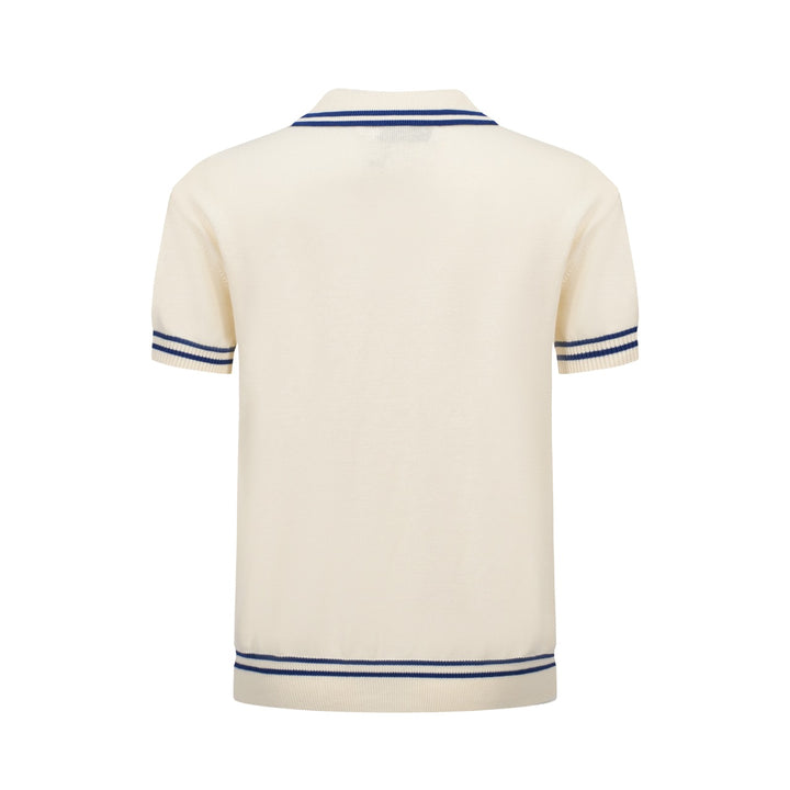 Men's White Jacquard Panel Knit Polo With Navy Blue Line Neck