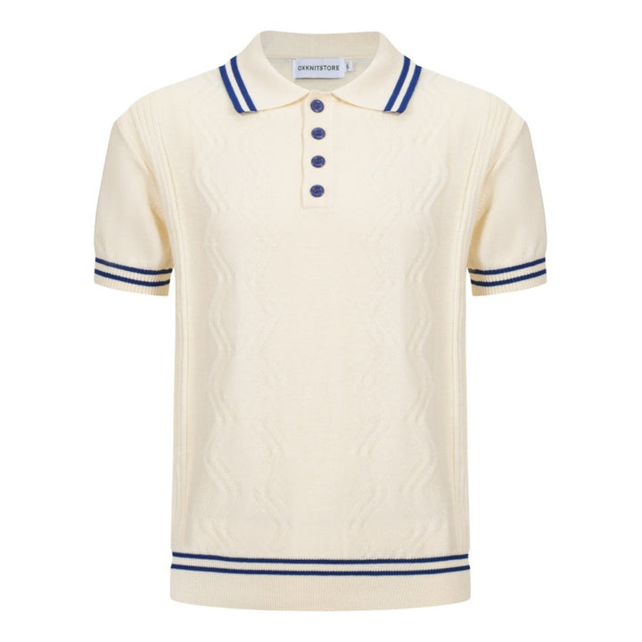 Herren weißer Jacquard -Panel Polo mit dunkelblauem Line Hals stricken