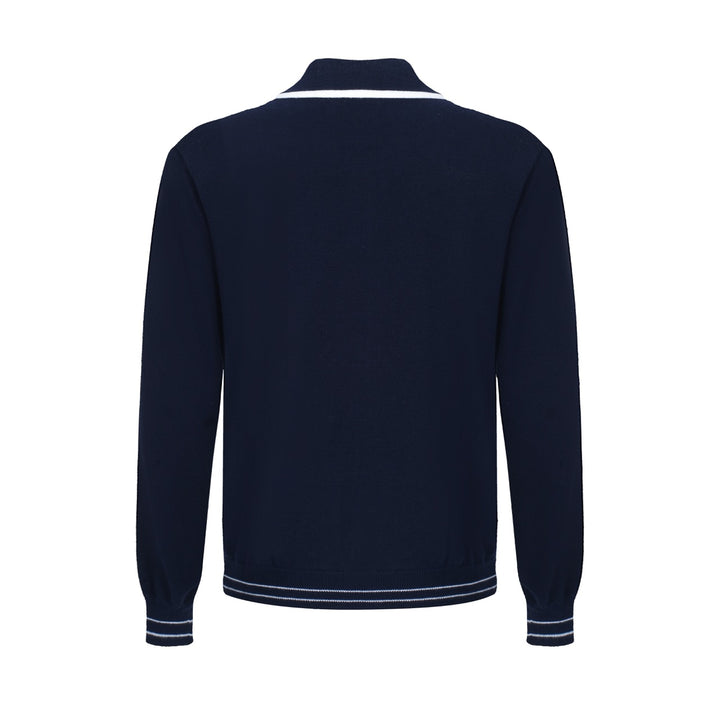 Men's Navy Blue Long Sleeve Zip Knitted Cardigan With White Line