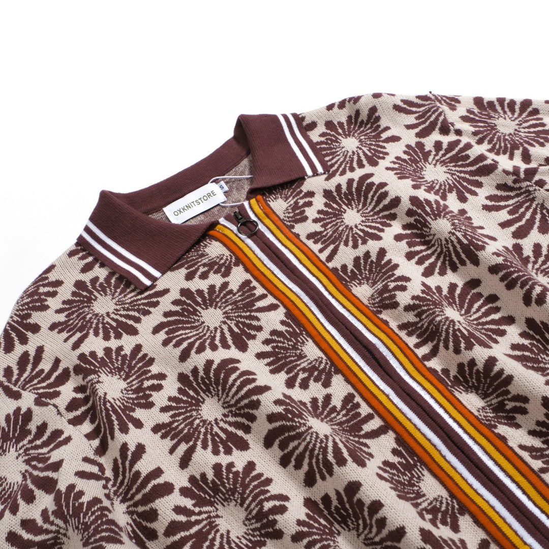 Polo de mangas largas de punto marrón de hombre con flores