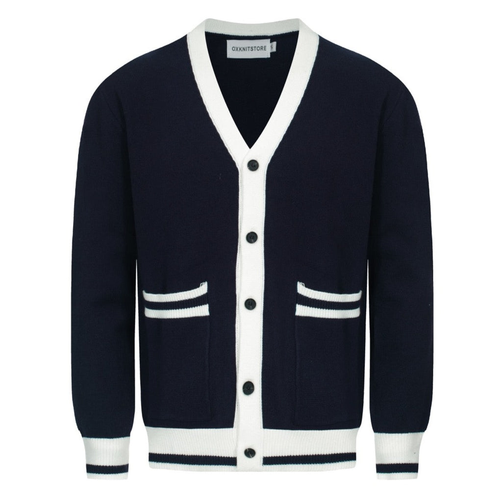 OXKNIT Men s Navy Blue Knitted Long Sleeves Cardigan with Double Pockets Blue L