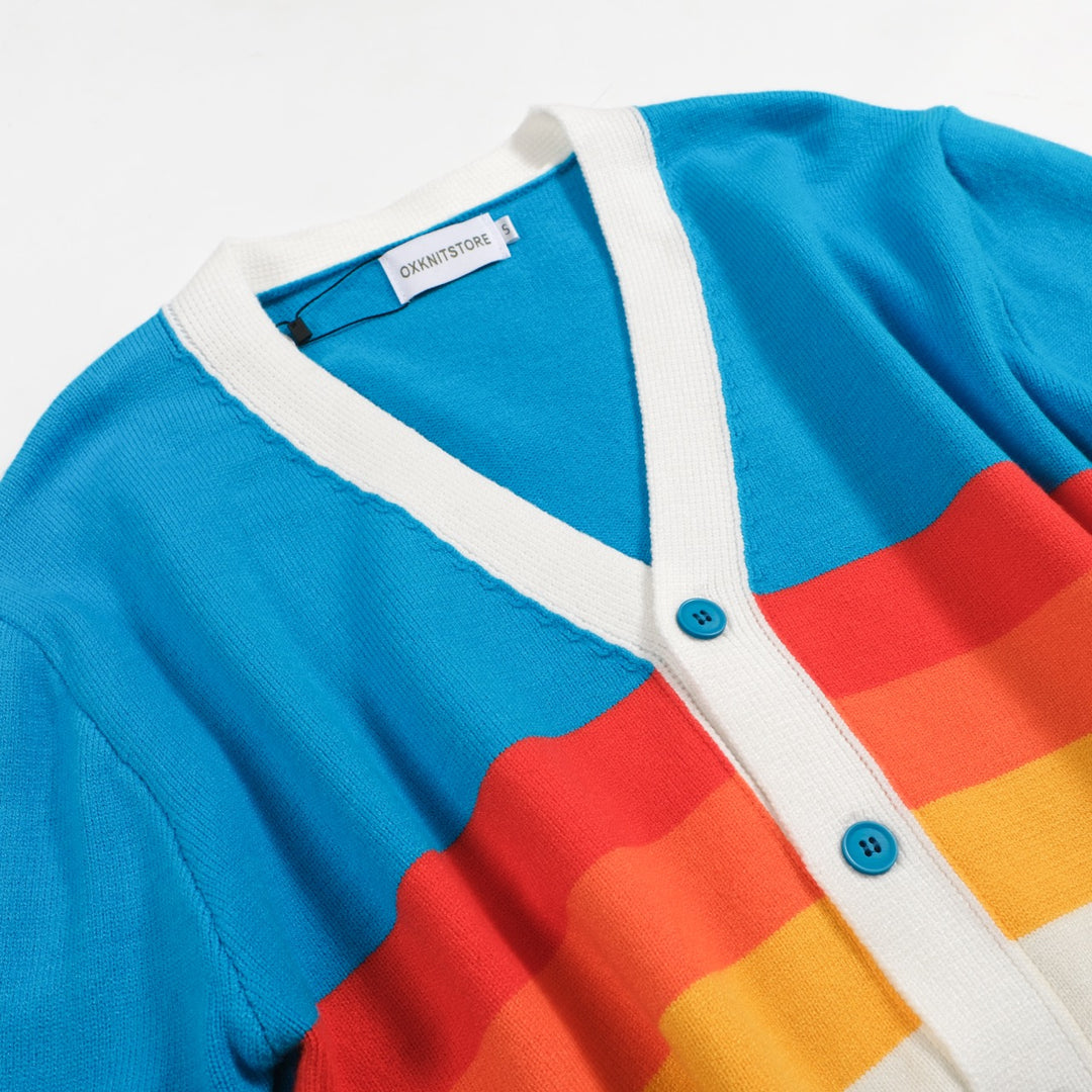 Men's Rainbow Chest Stripes Knitted Long Sleeves Sky Blue Cardigan