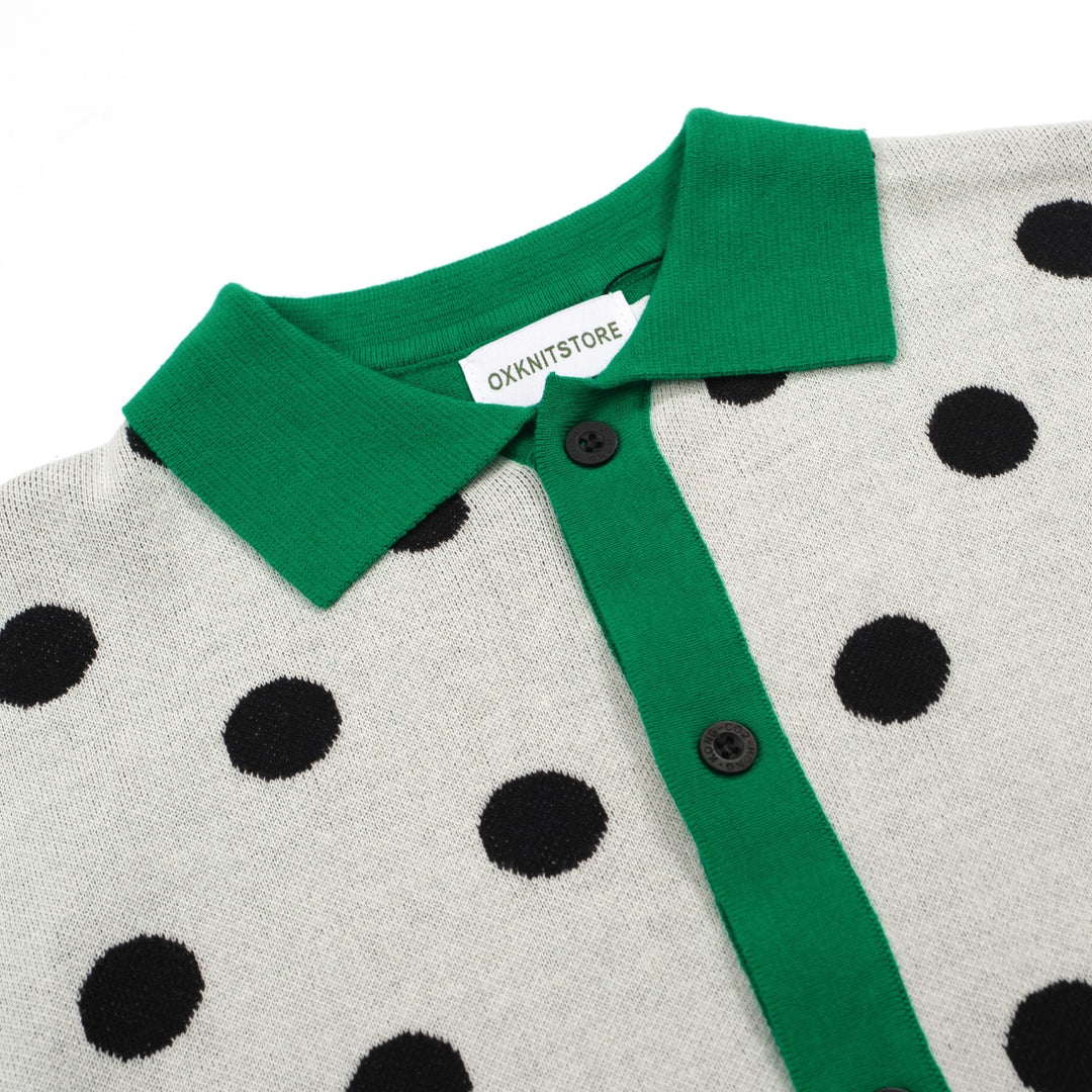 Men's Black And White Polka Dot Design Knitted Green Short-Sleeved Polo Shirt