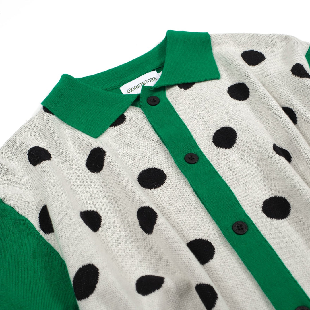 Men's Black And White Polka Dot Design Knitted Green Short-Sleeved Polo Shirt