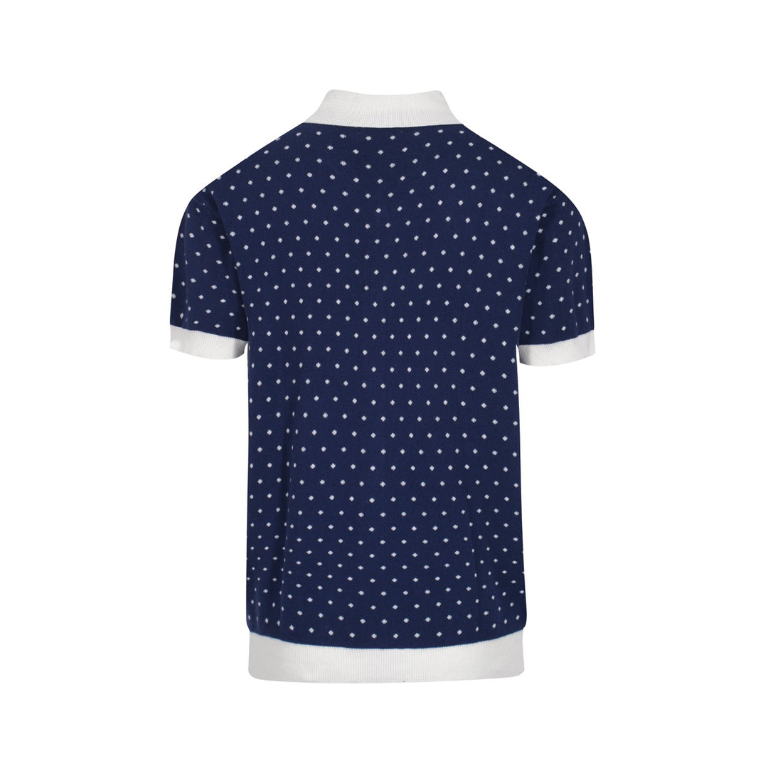 Men's white polka dot knitted blue short-sleeved polo shirt