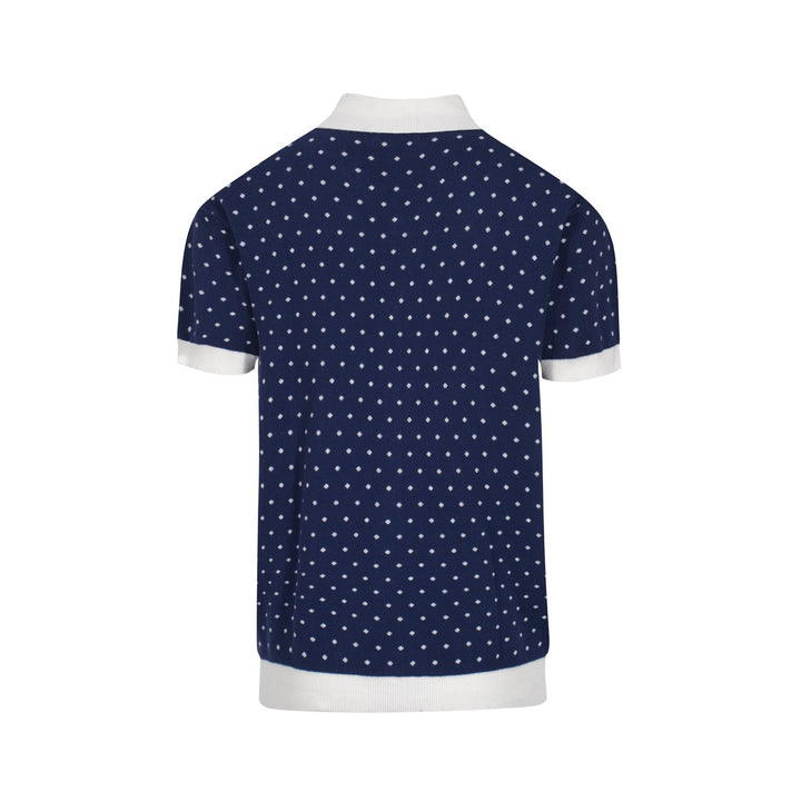 Men's white polka dot knitted blue short-sleeved polo shirt