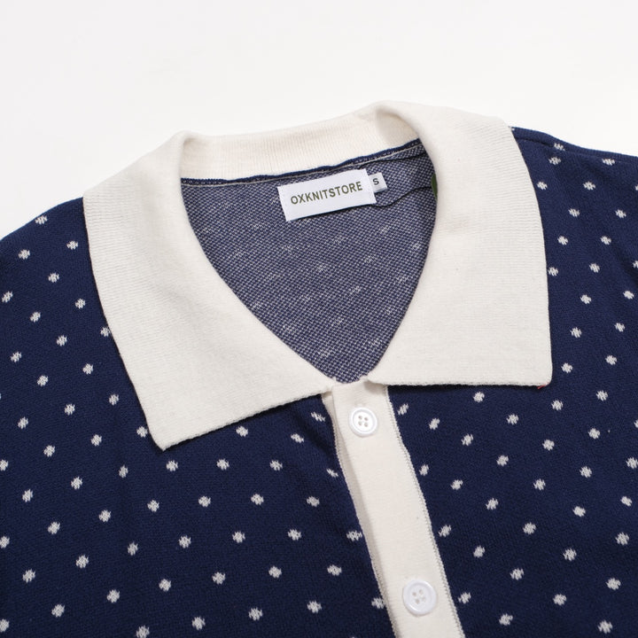 Men's white polka dot knitted blue short-sleeved polo shirt