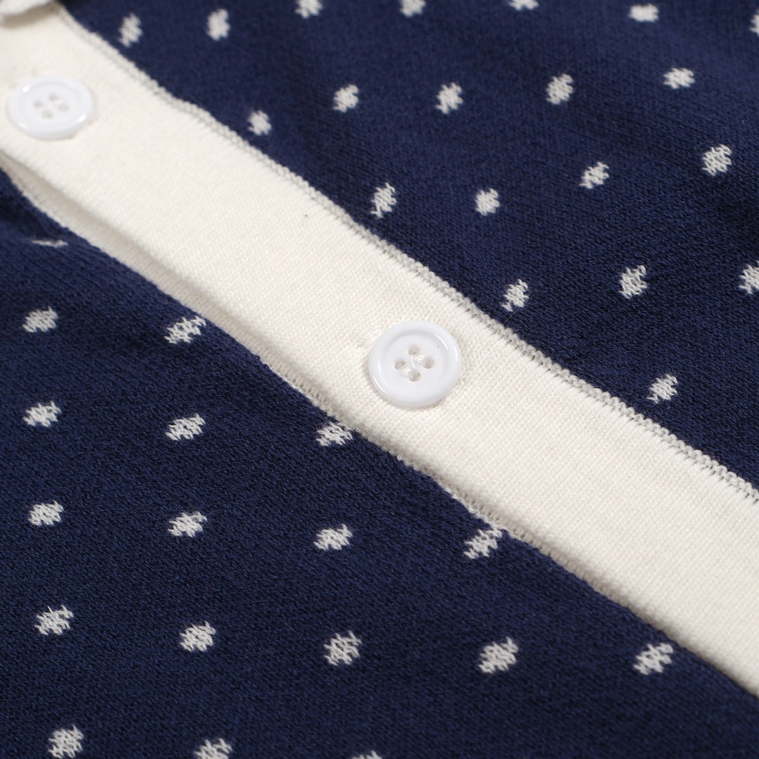 Men's white polka dot knitted blue short-sleeved polo shirt