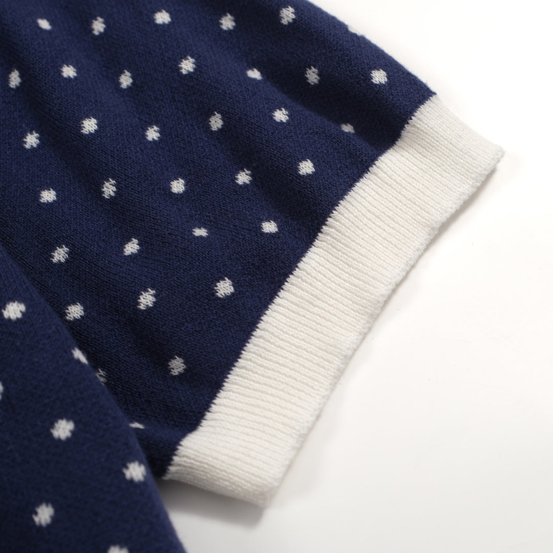 Men's white polka dot knitted blue short-sleeved polo shirt