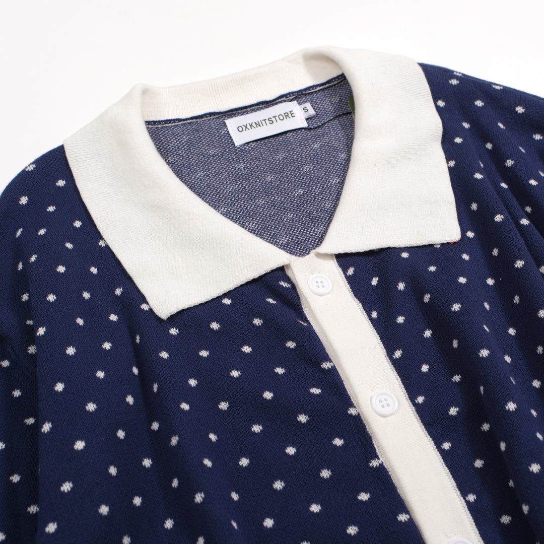 Men's white polka dot knitted blue short-sleeved polo shirt