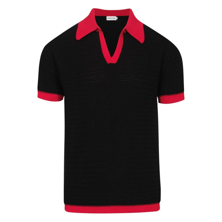 Men's Black Knitted Polo Red V-Neck