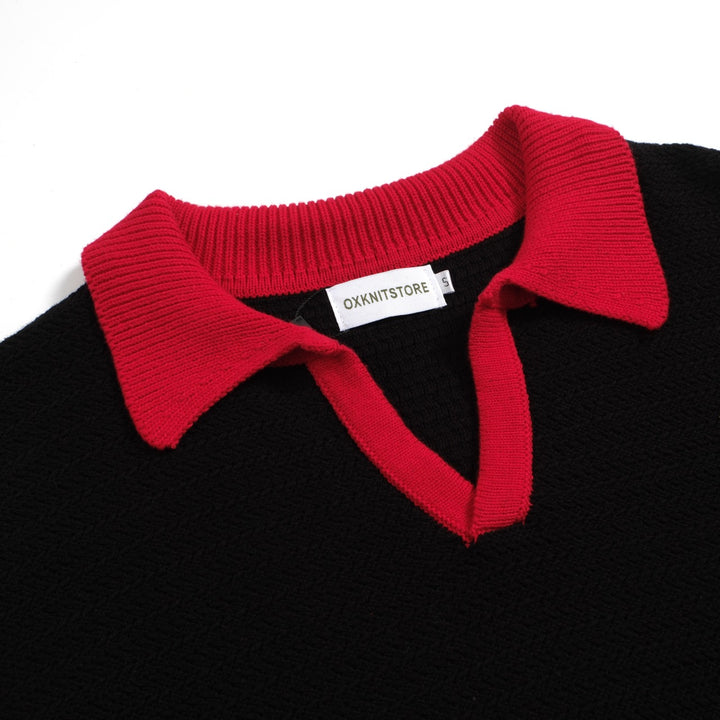 Men's Black Knitted Polo Red V-Neck