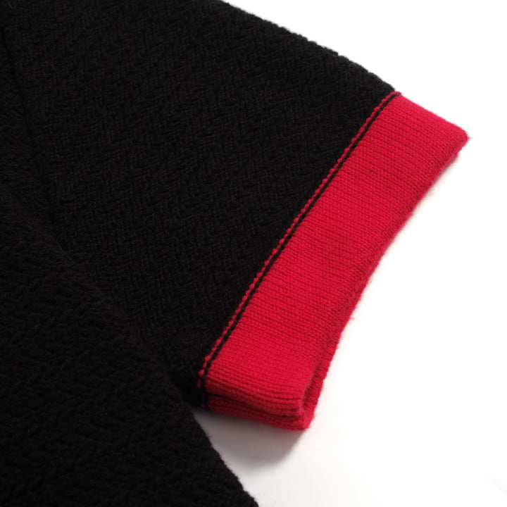 Men's Black Knitted Polo Red V-Neck