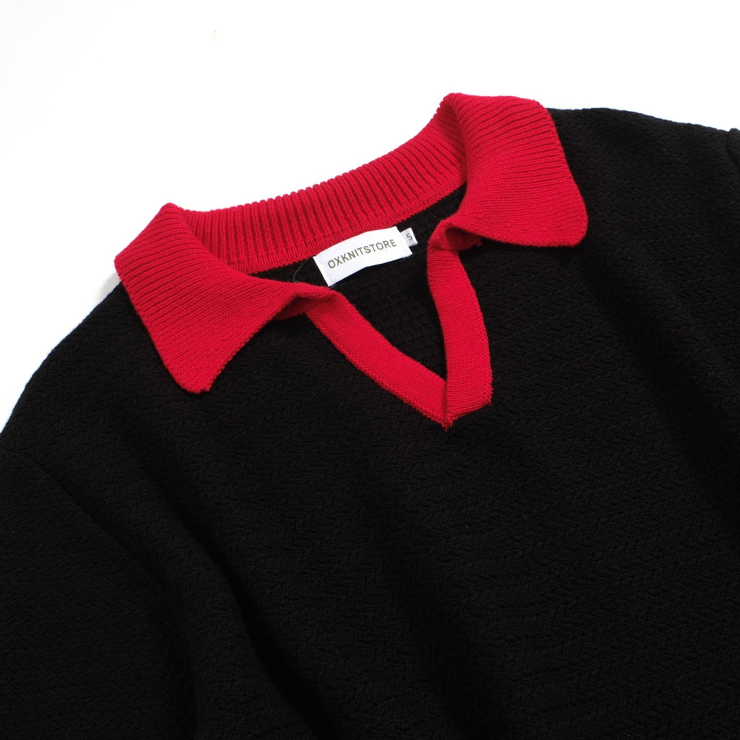 Men's Black Knitted Polo Red V-Neck