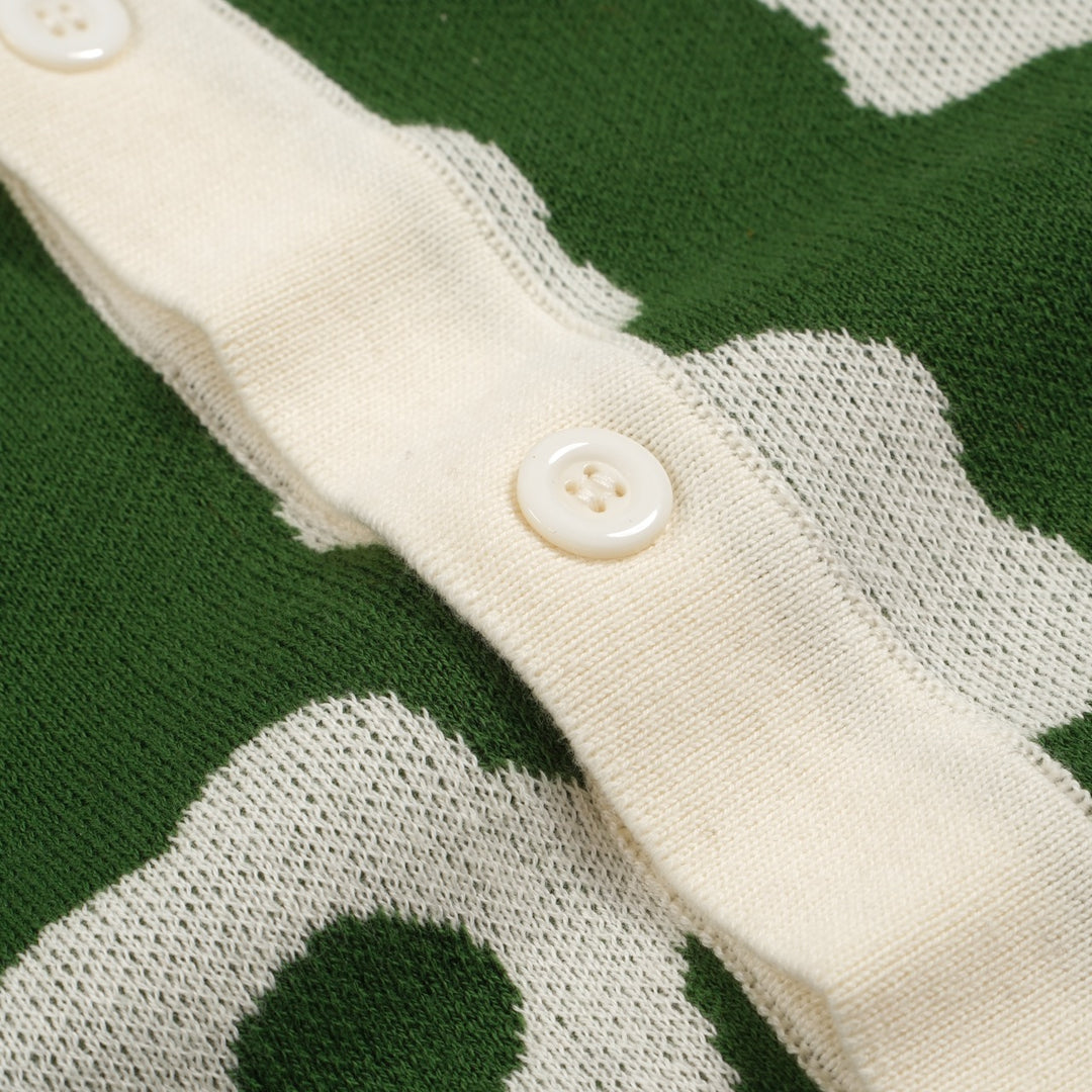 Men's Green And White Jacquard Design Knitted Short Sleeve Polo Shirt