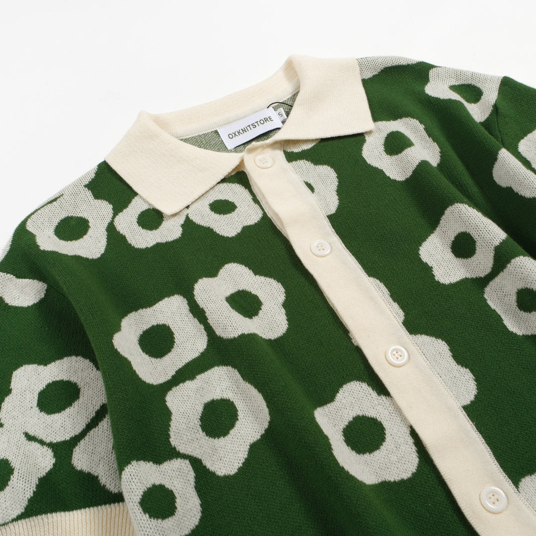 Men's Green And White Jacquard Design Knitted Short Sleeve Polo Shirt