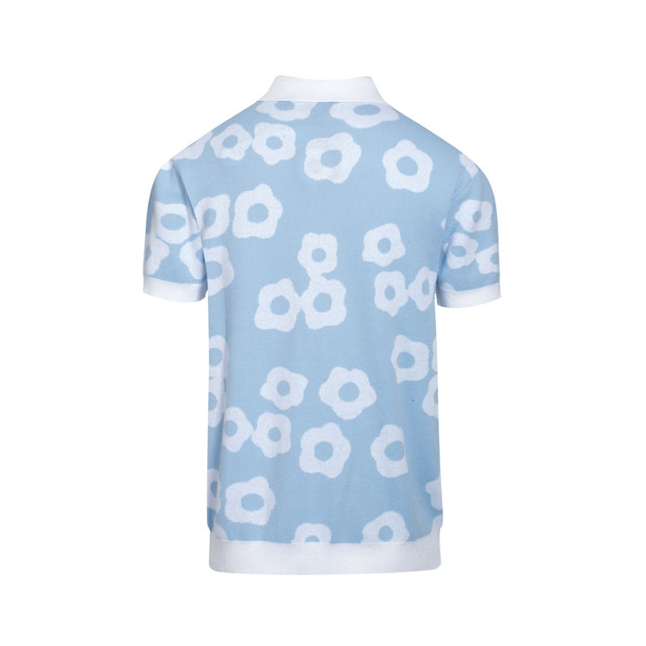 Men's Sky Blue And White Jacquard Design Knitted Short Sleeve Polo Shirt