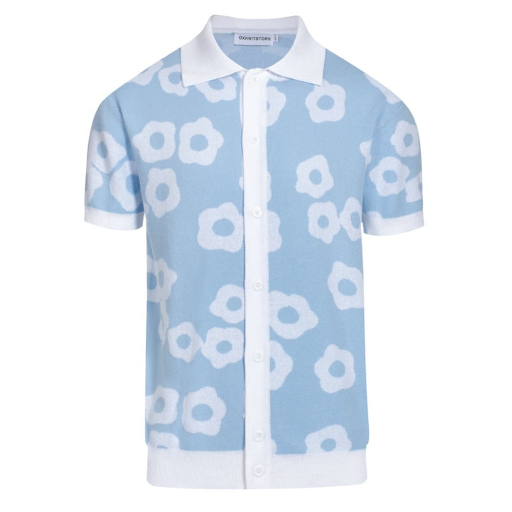 Men's Sky Blue And White Jacquard Design Knitted Short Sleeve Polo Shirt