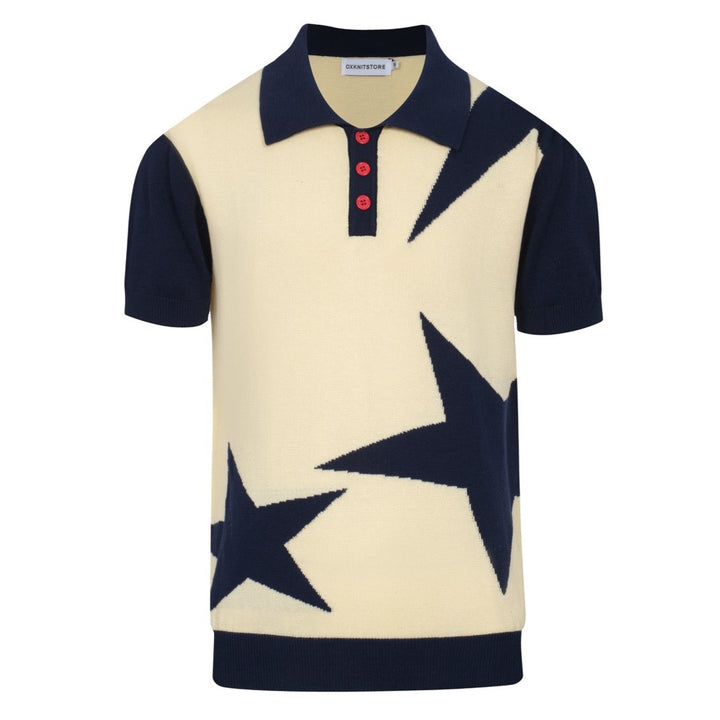 Men's Navy Blue Star Knitted Short Sleeve Polo Shirt