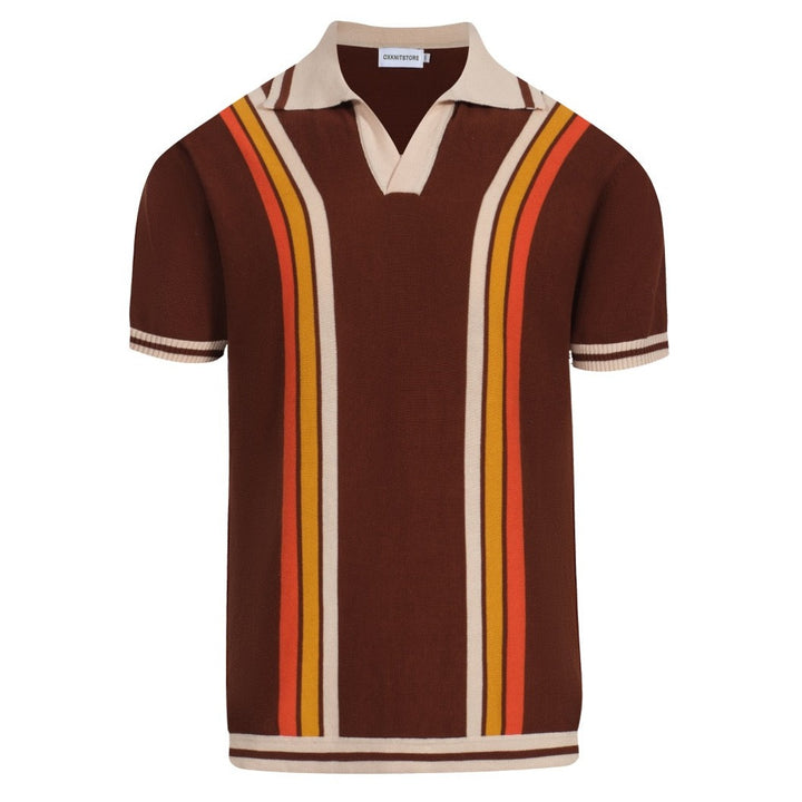 Men's orange, yellow and beige striped brown v-neck knitted polo shirt