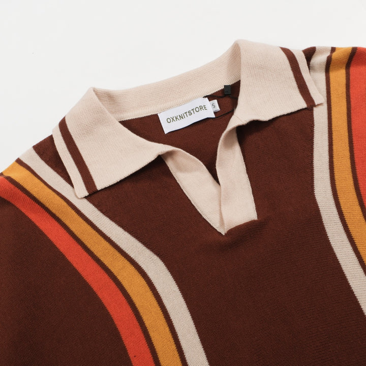 Men's orange, yellow and beige striped brown v-neck knitted polo shirt