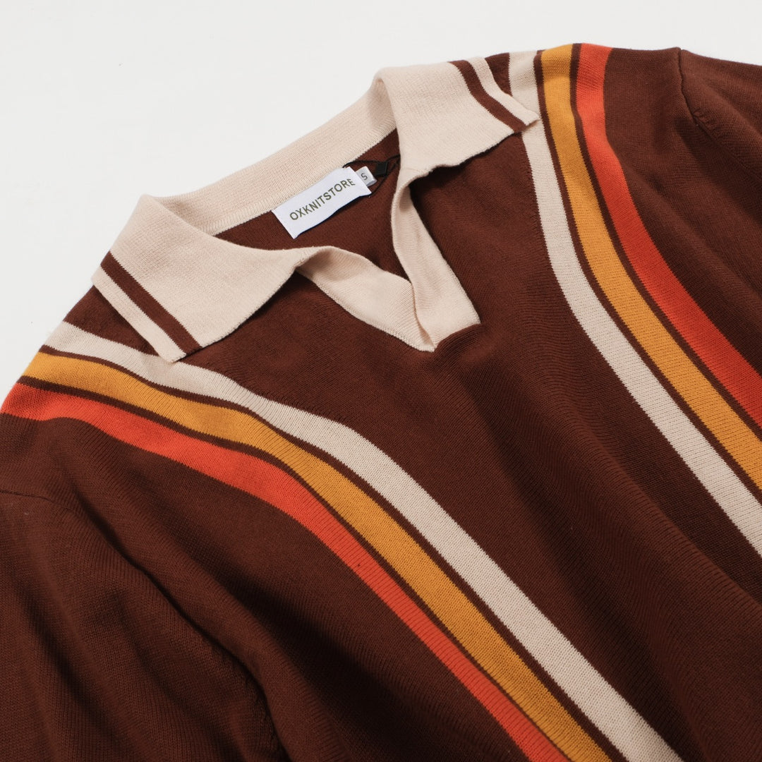 Men's orange, yellow and beige striped brown v-neck knitted polo shirt