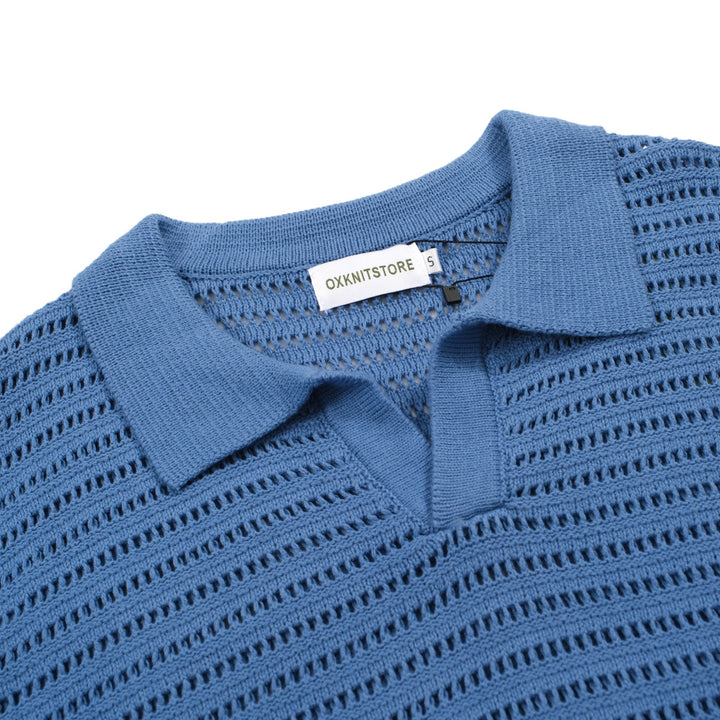 Men's Breathable and Refreshing Short-Sleeved Blue Knitted Beach Polo