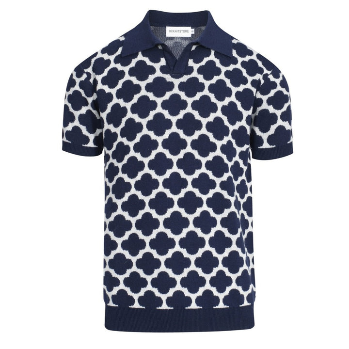 Men's Navy Blue Four-Leaf Clover Knitted Short-Sleeved Top