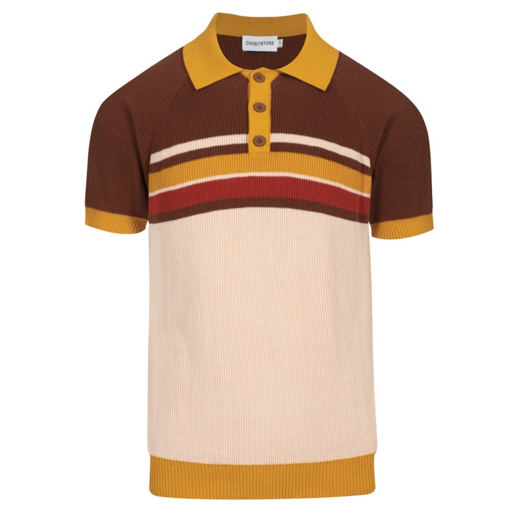 Men's Brown & Yellow Stripes Knit Short Sleeve Polo Shirt