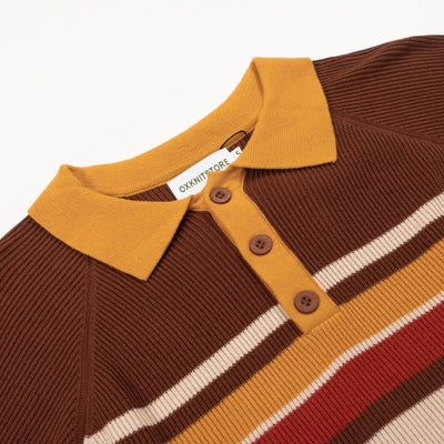 Men's Brown & Yellow Stripes Knit Short Sleeve Polo Shirt