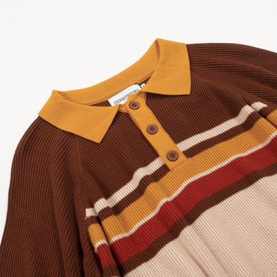 Men's Brown & Yellow Stripes Knit Short Sleeve Polo Shirt