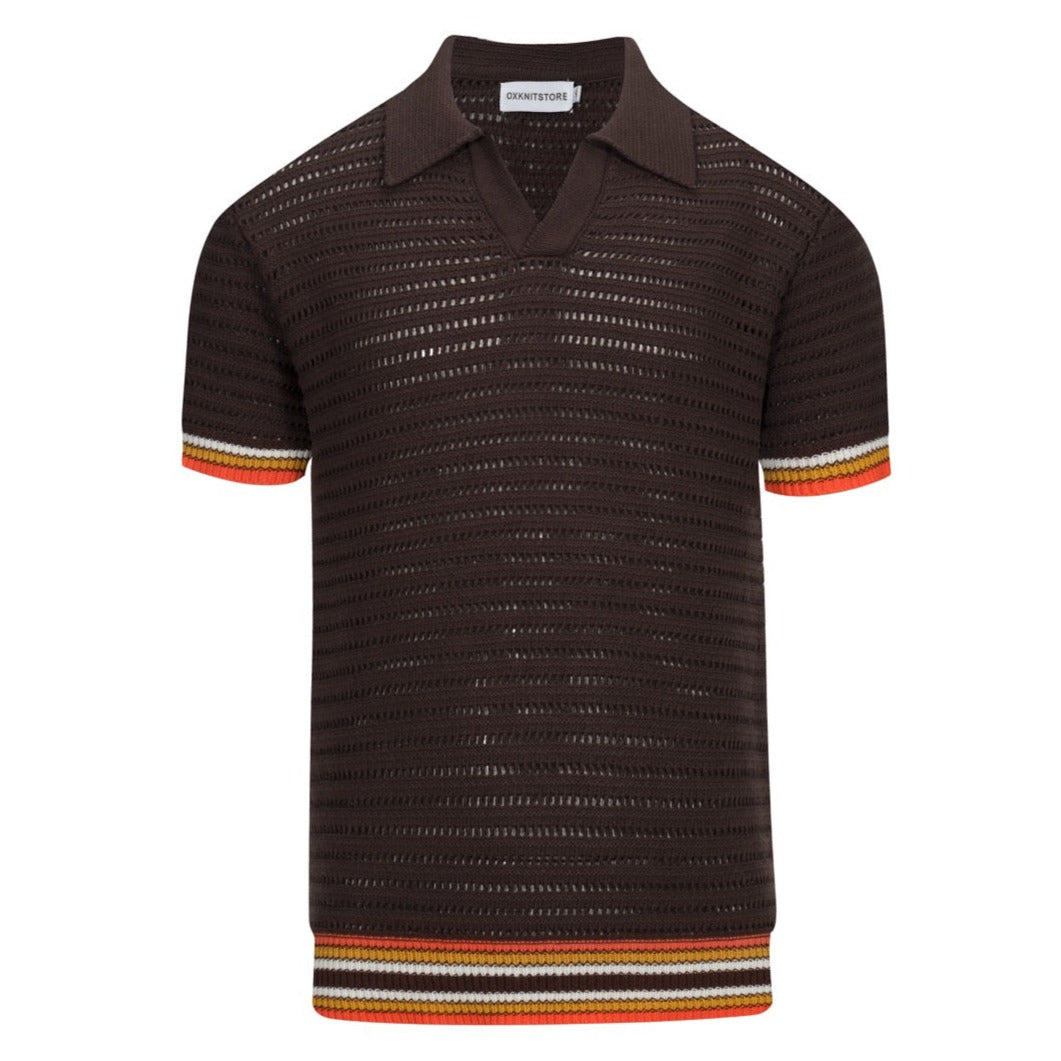 Men's Brown Breathable Hollow Knitted Short Sleeve Polo