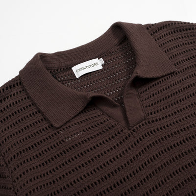 Men's Brown Breathable Hollow Knitted Short Sleeve Polo