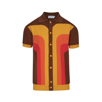 Men's Brown-Yellow-Orange Gradient Striped Knitted Short-Sleeved Polo