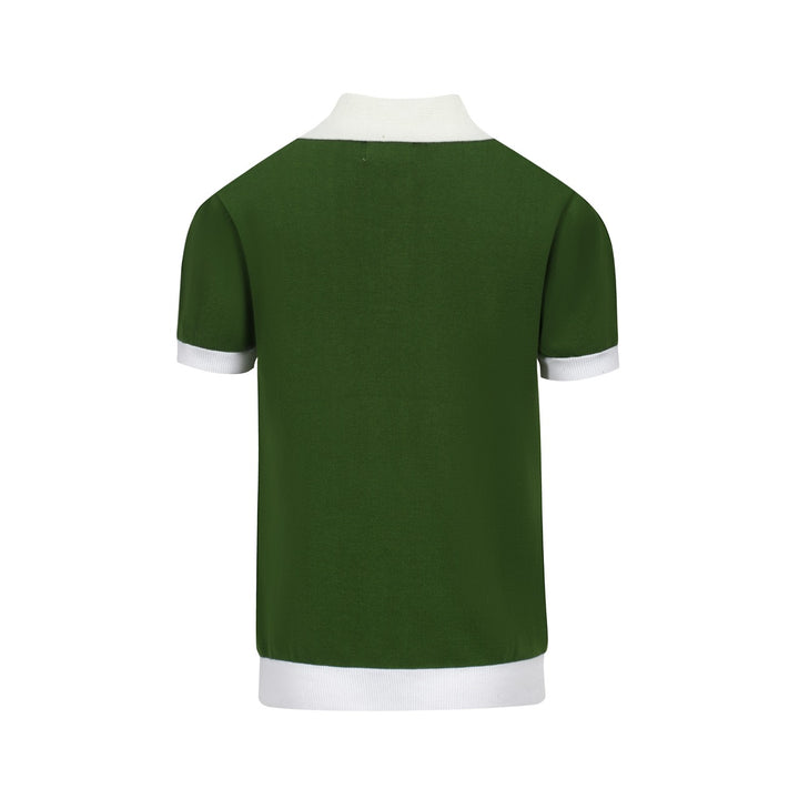 Men's Green Double White Stripe Button Polo Collar Knitted Short Sleeve Top