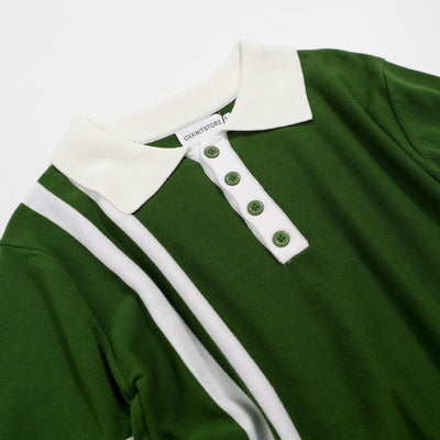 Men's Green Double White Stripe Button Polo Collar Knitted Short Sleeve Top