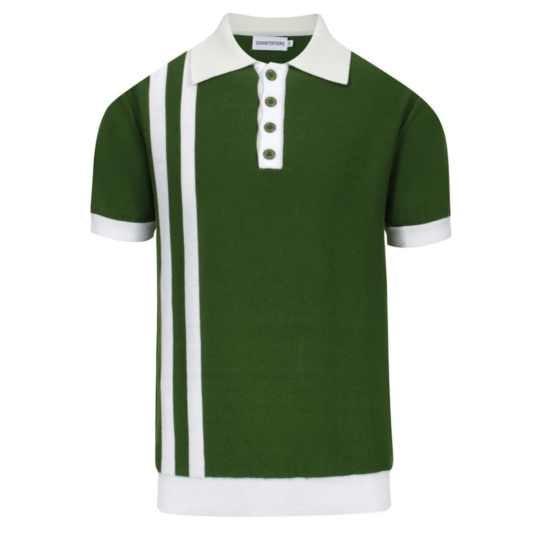 Men's Green Double White Stripe Button Polo Collar Knitted Short Sleeve Top