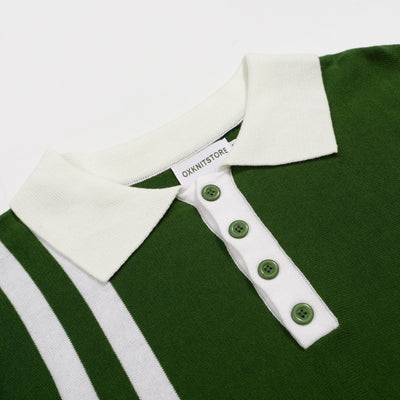 Men's Green Double White Stripe Button Polo Collar Knitted Short Sleeve Top