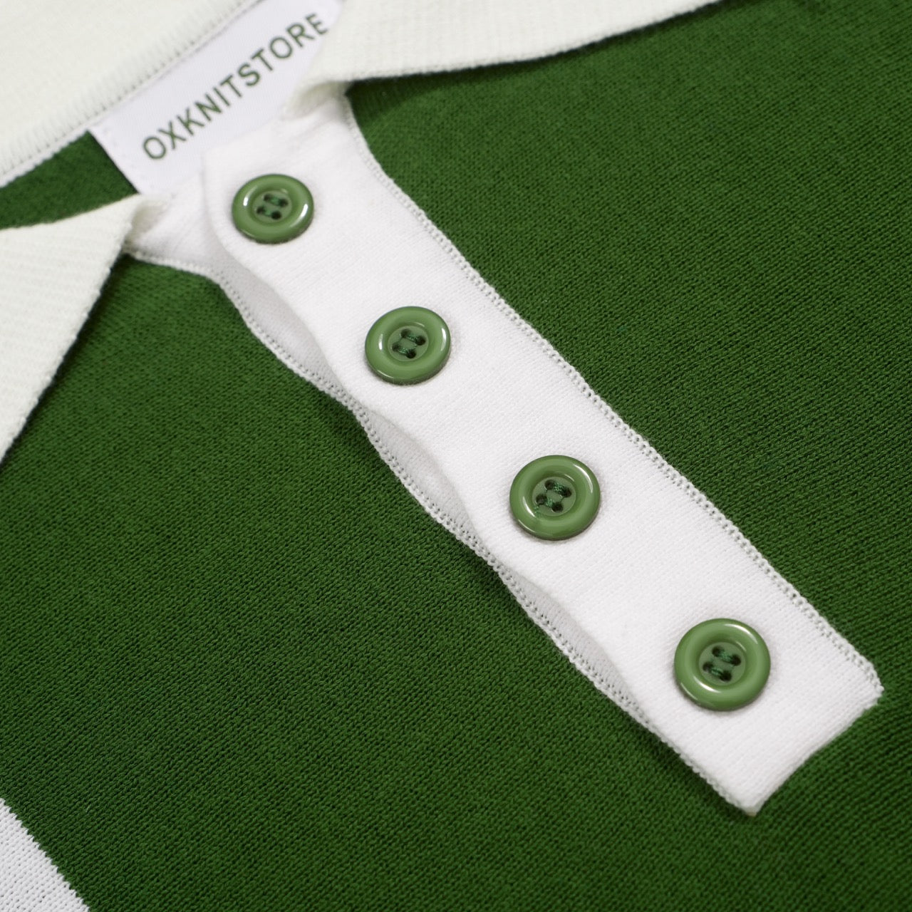 Men's Green Double White Stripe Button Polo Collar Knitted Short Sleeve Top