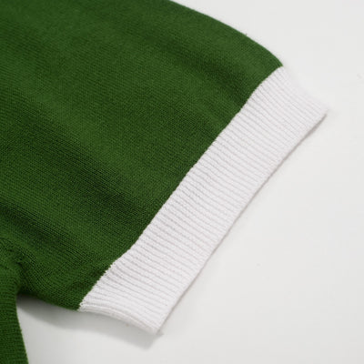 Men's Green Double White Stripe Button Polo Collar Knitted Short Sleeve Top