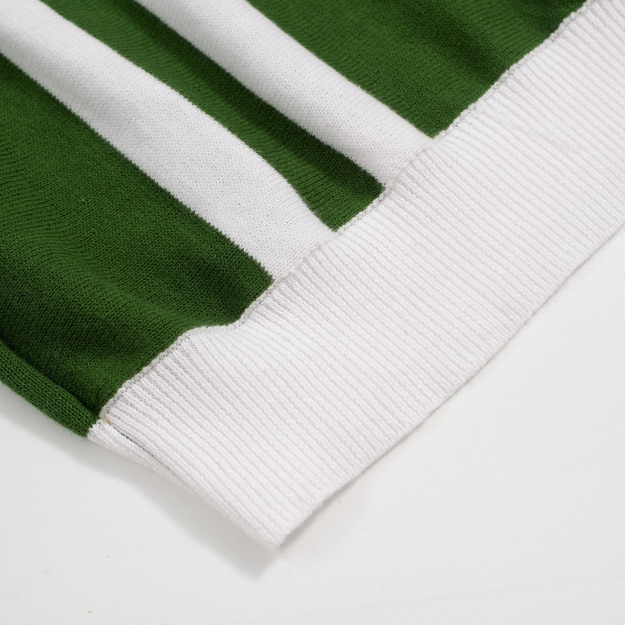 Men's Green Double White Stripe Button Polo Collar Knitted Short Sleeve Top