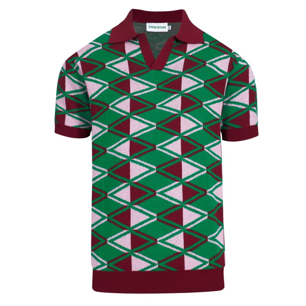 Men's red and green knitted short sleeve v-neck top