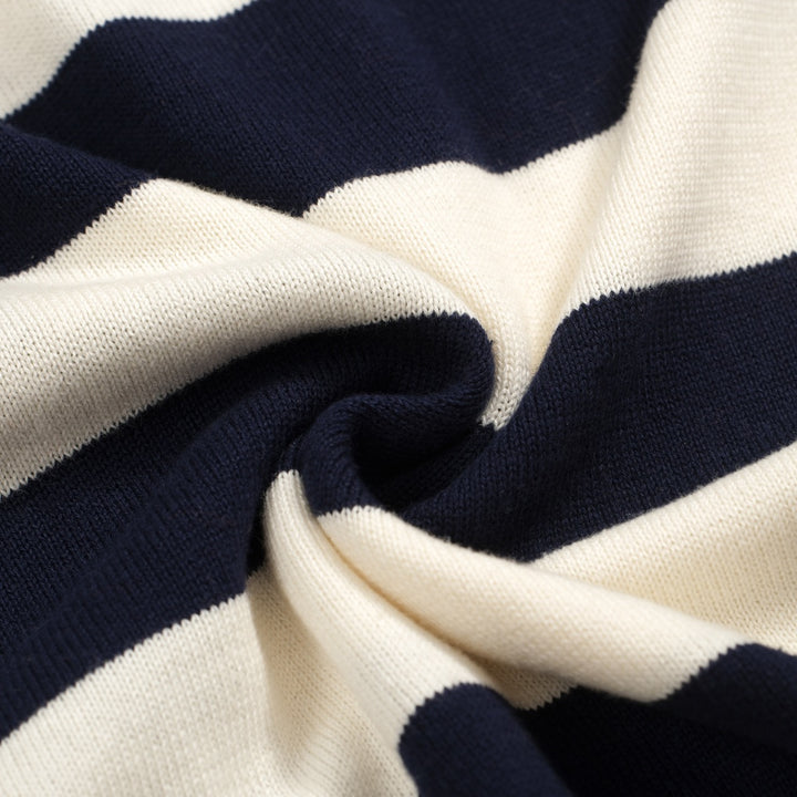 Men's Navy Blue and White Wide Striped V-Neck Knitted Short-Sleeved Cardigan