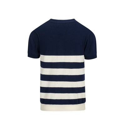 Men's Navy Blue and White Wide Striped V-Neck Knitted Short-Sleeved Cardigan