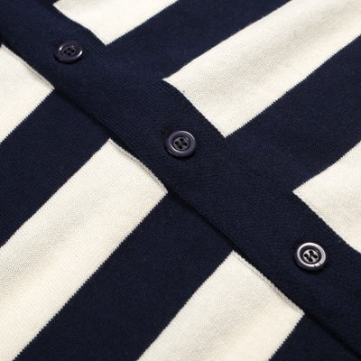 Men's Navy Blue and White Wide Striped V-Neck Knitted Short-Sleeved Cardigan