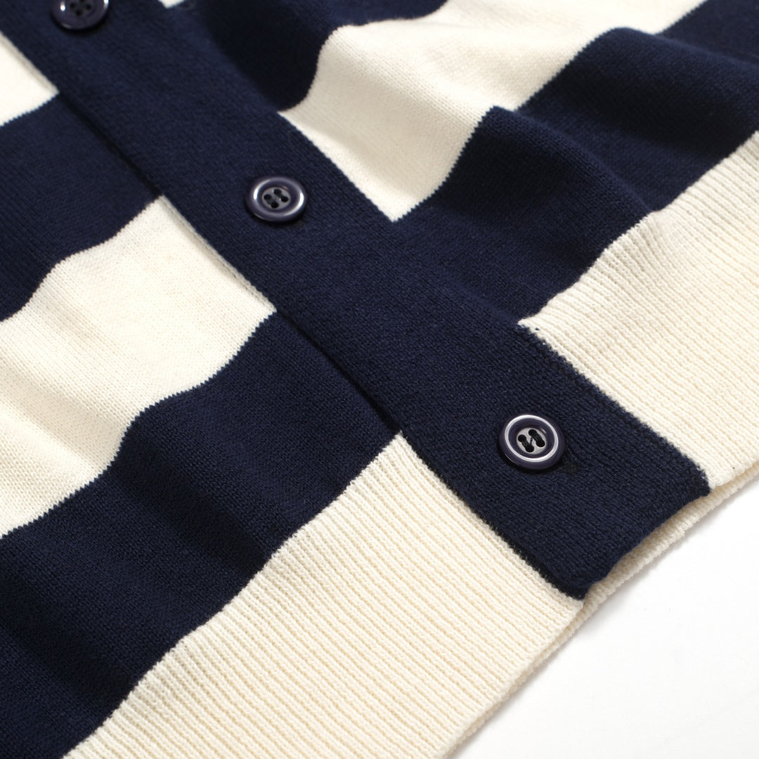 Men's Navy Blue and White Wide Striped V-Neck Knitted Short-Sleeved Cardigan