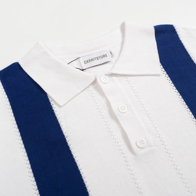 Men's Blue and White Polo Knit Short Sleeve Top