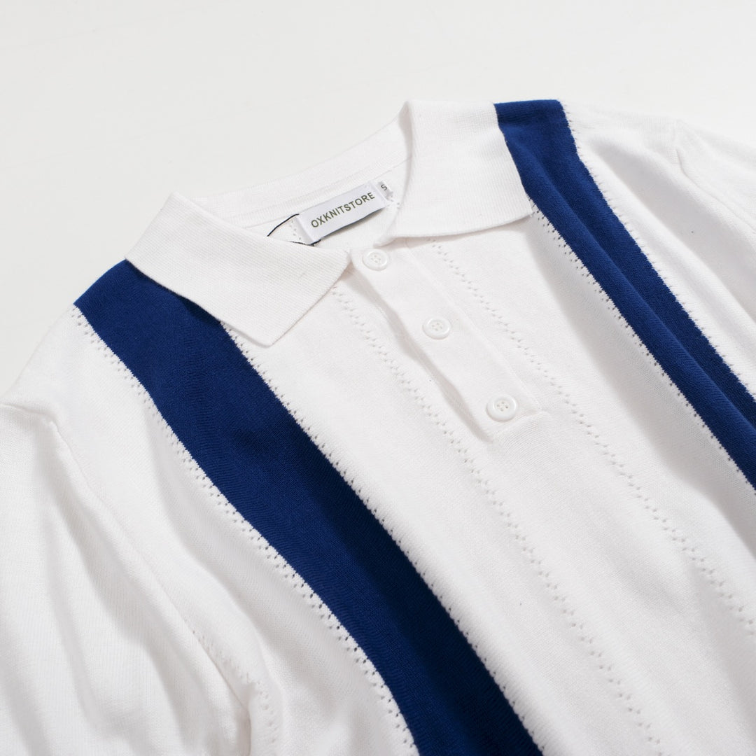 Men's Blue and White Polo Knit Short Sleeve Top