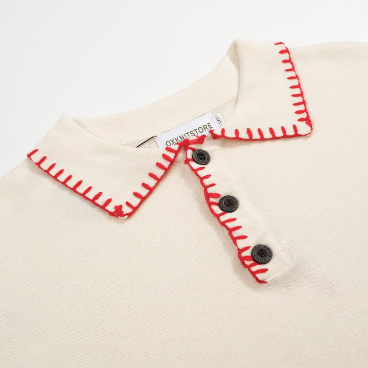 Men's Red & White Apricot Polo Knit Short Sleeve Top