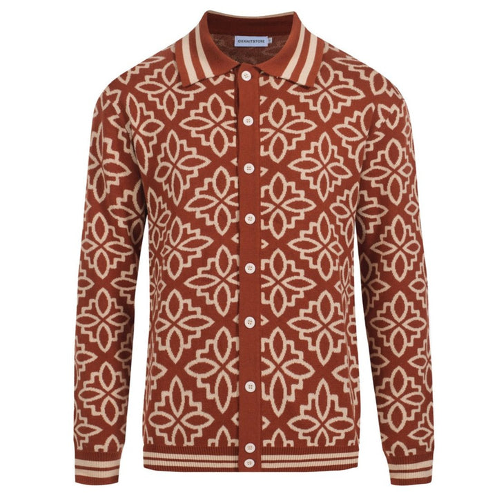 Herren Retro Blumenstrick-Strickjacke-kühn 70er Muster Langarm Shirt